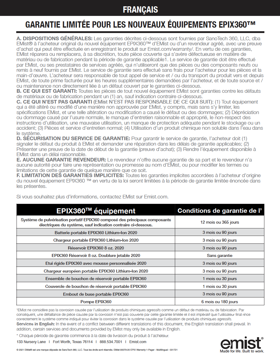 EPIX360 - Warranty - French